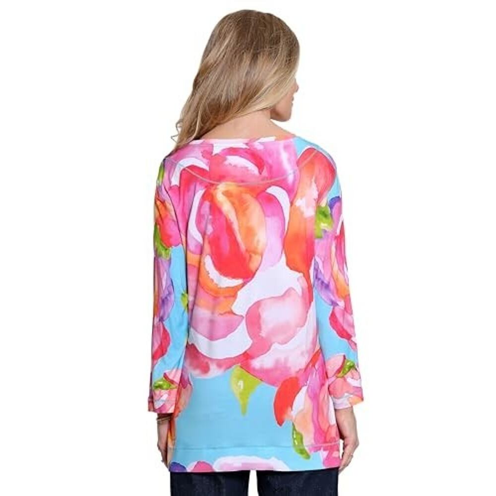 Ali Miles 1X Top Pink Blue Floral Colorful Art Pullover Soft Stretch 3/4 Sleeves - Picture 2 of 6